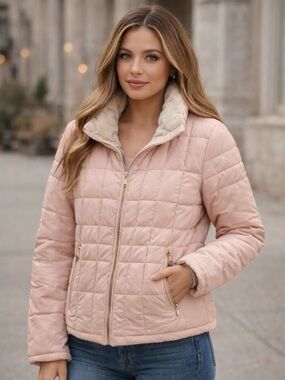 Calvin Klein Women’ Quilted Puffer Jacket Blush Pink Zip Coat Size L Lightweight